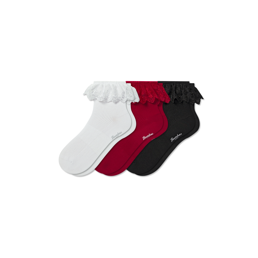 Women’s Ruffle Lace Quarter Sock 3-Pack - Comfort Travel Support