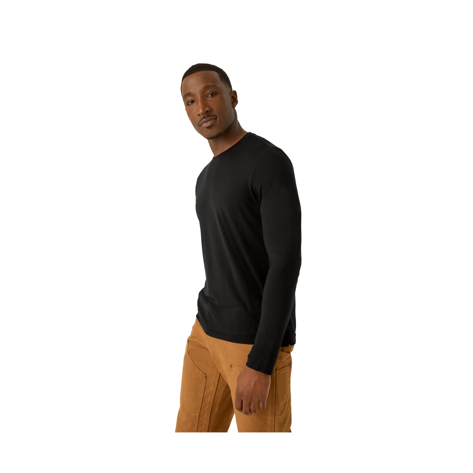 Merino Wool Blend Crew Neck Long Sleeve T-Shirt - Black MO2 [7052]