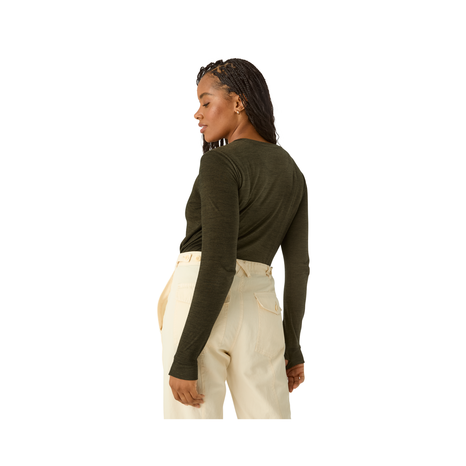 Merino Wool Blend Crew Neck Long Sleeve T-Shirt - Green Olive WO3 [7056]