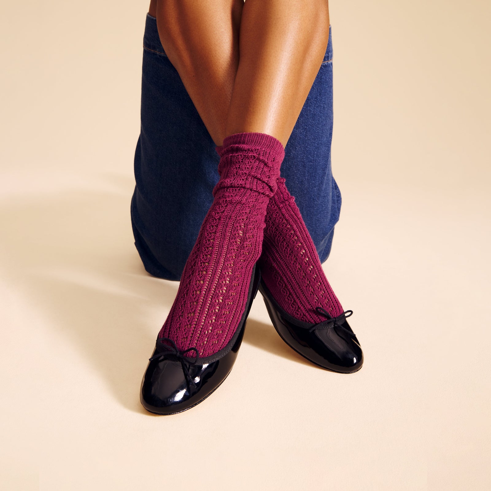 Women's Pointelle Calf Socks - Plum Night WO Lifestyle [8086]