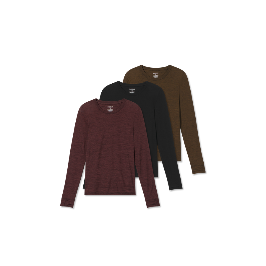 Women's Merino Wool Blend Crew Neck Long Sleeve T-Shirt 3-Pack - Run Trail Relief