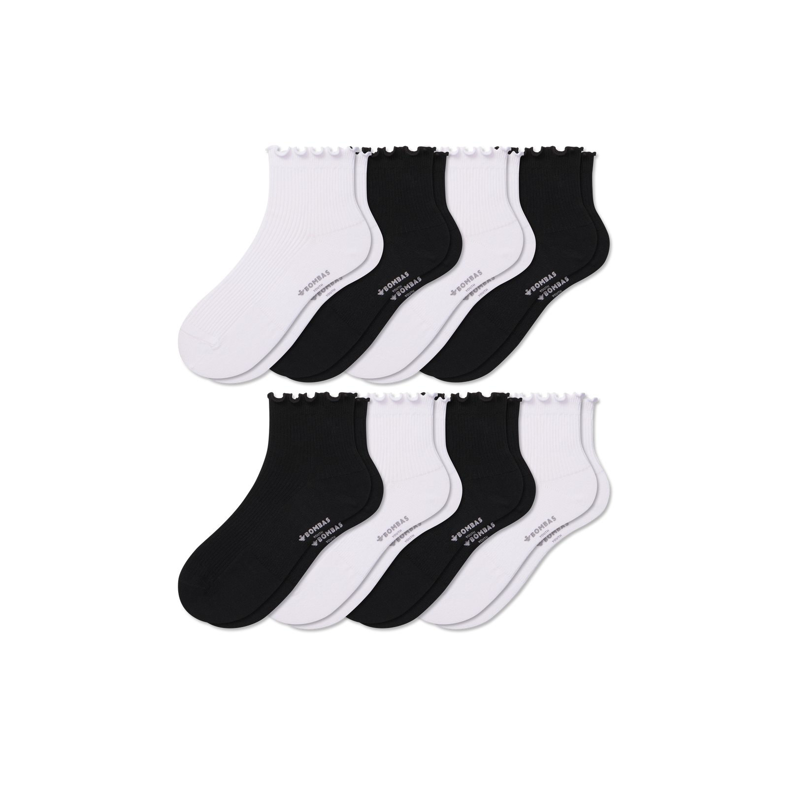 Youth Ruffle Rib Quarter Sock 8-Pack - black white mix L