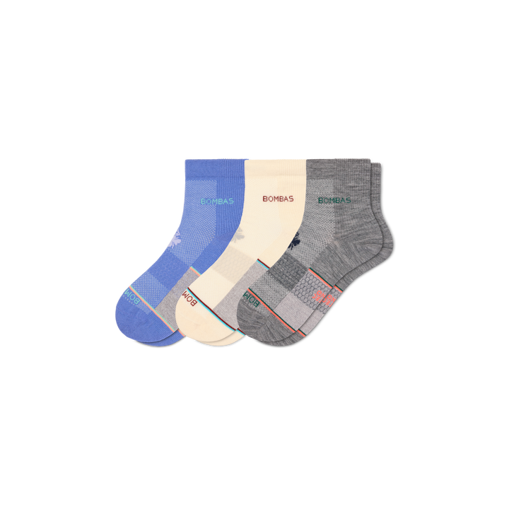 Women's UltraLite Sport Merino Wool Blend Quarter Sock 3-Pack - white hydrangea mix L